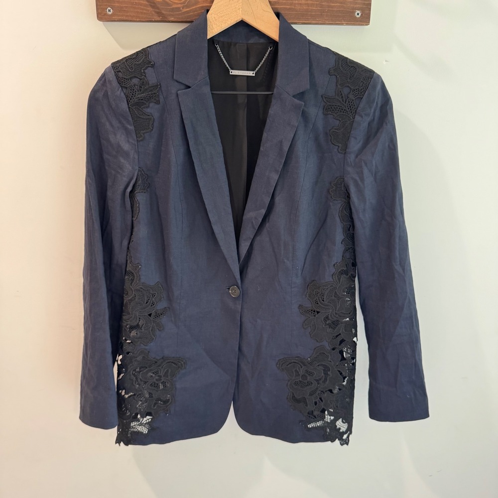 Elie Tahari Navy Blue Linen Lace‎ Applique Single Button Blazer Jacket  Womens 6